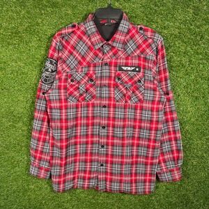 Fly Racing Mens Small Red Grey Plaid Flannel Button Down Motocross Shirt 2992